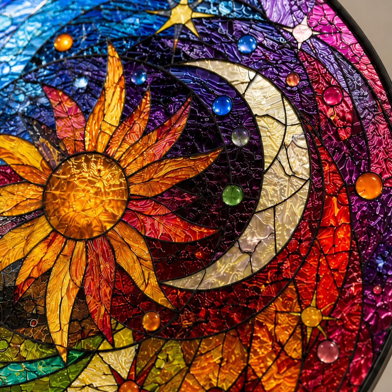 Celestial Stained Glass Suncatcher, Sun Moon Star Window Hanging, Rainbow Glass Art, Boho Decor, Birthday Gift for Mom, Celestial Decor
