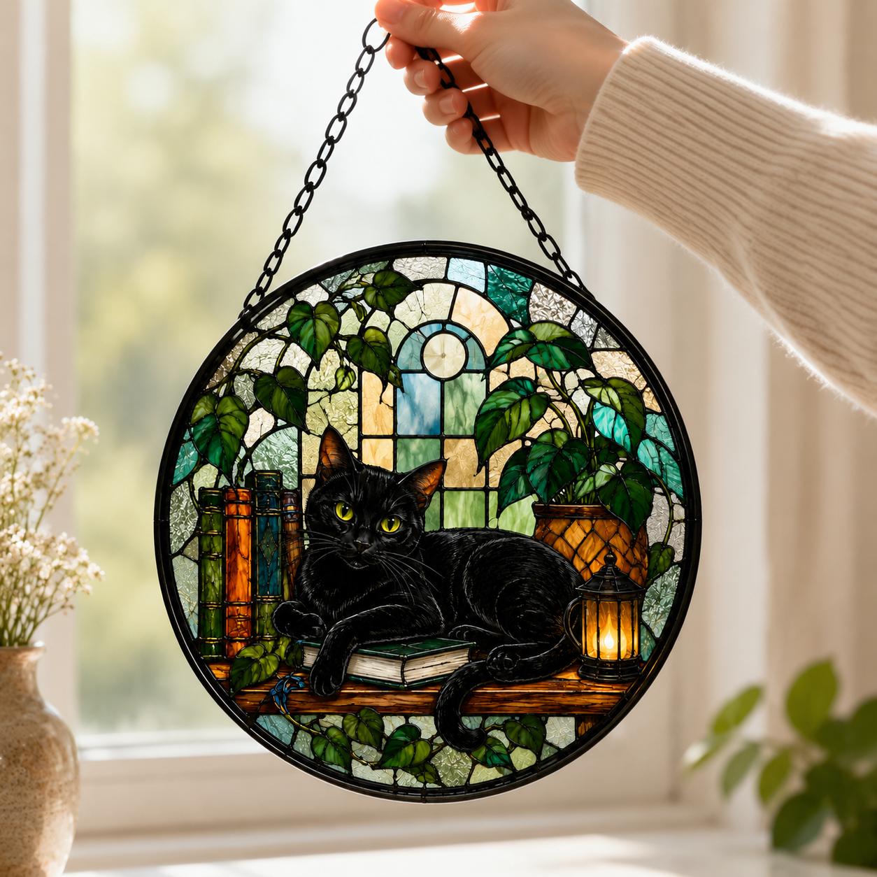 Black Cat Stained Glass Suncatcher, Cat & Book Glass Decor, Botanical Cat Window Hanging, Round Stained Glass Art, Gift for Cat Lovers