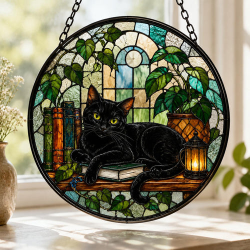 Black Cat Stained Glass Suncatcher, Cat & Book Glass Decor, Botanical Cat Window Hanging, Round Stained Glass Art, Gift for Cat Lovers