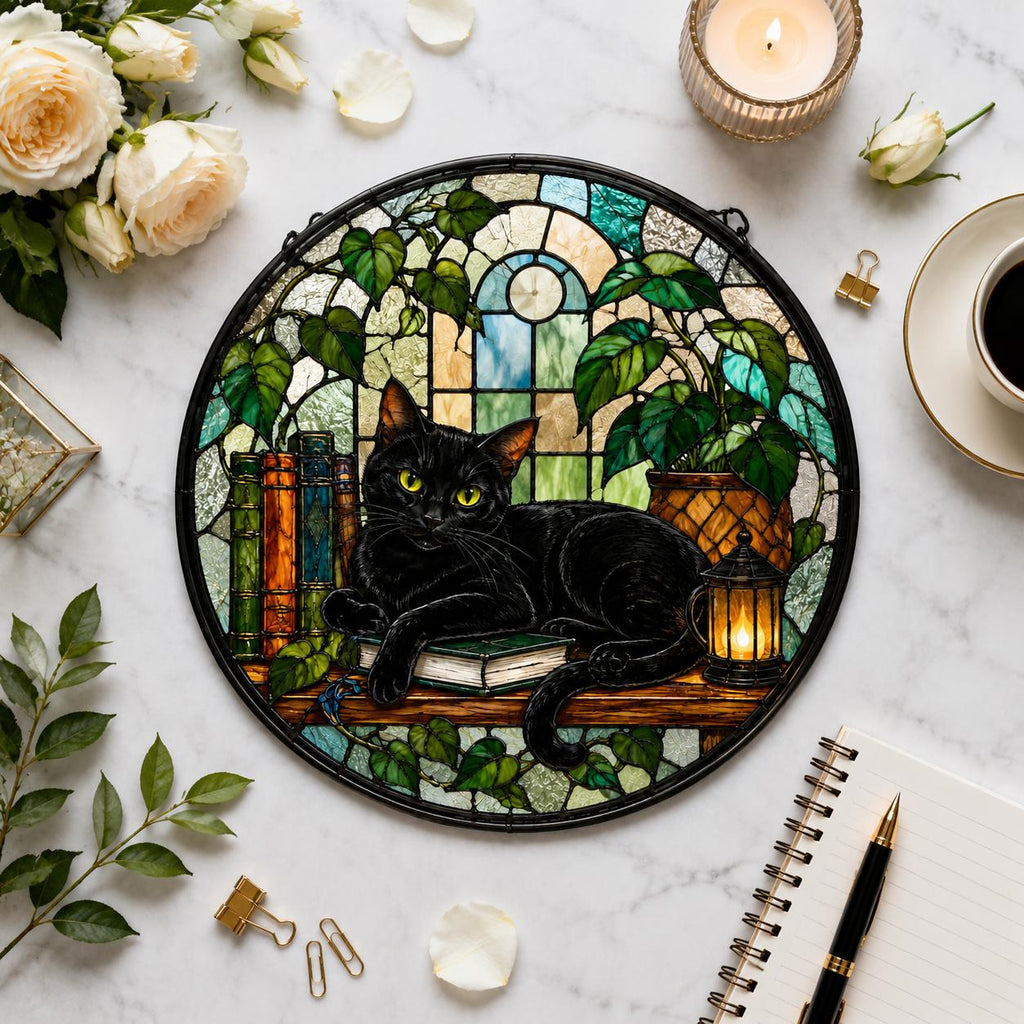 Black Cat Stained Glass Suncatcher, Cat & Book Glass Decor, Botanical Cat Window Hanging, Round Stained Glass Art, Gift for Cat Lovers