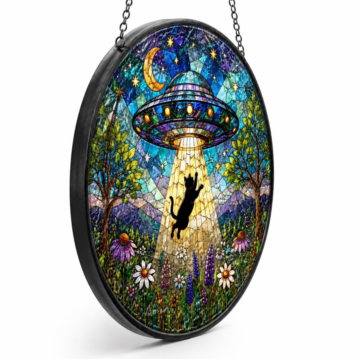 UFO Abduction Black Cat Stained Glass Suncatcher, Alien Spaceship Window Hanging, Funny Cat Lover Gift, Sci-Fi Decor, Rainbow Sun Catcher
