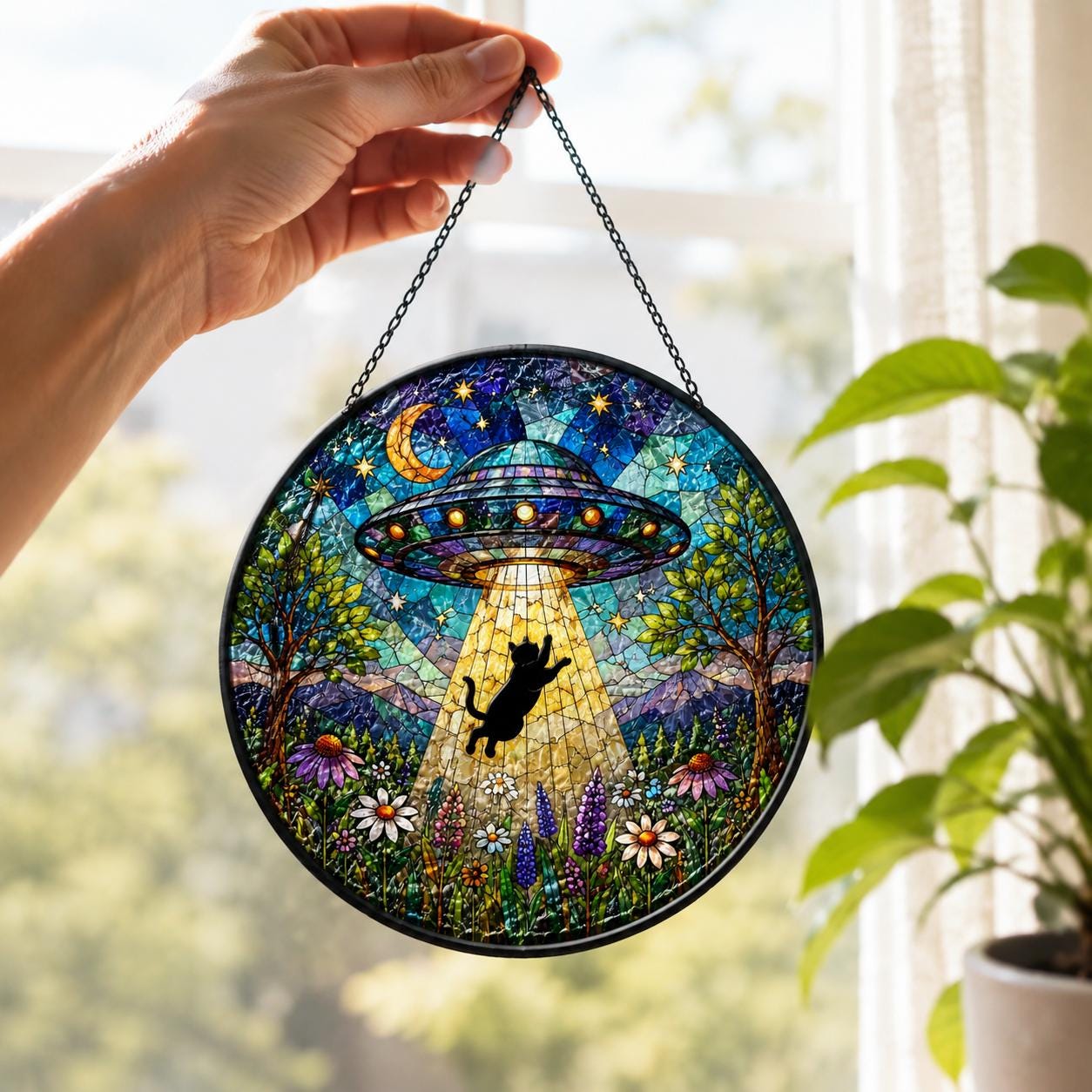 UFO Abduction Black Cat Stained Glass Suncatcher, Alien Spaceship Window Hanging, Funny Cat Lover Gift, Sci-Fi Decor, Rainbow Sun Catcher