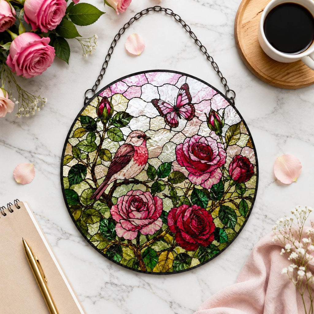 Rose Stained Glass Suncatcher, Rose Window Hanging, Pink and Red Rose Flower Garden Decor, Mother's Day Gift, June Birthday Gift