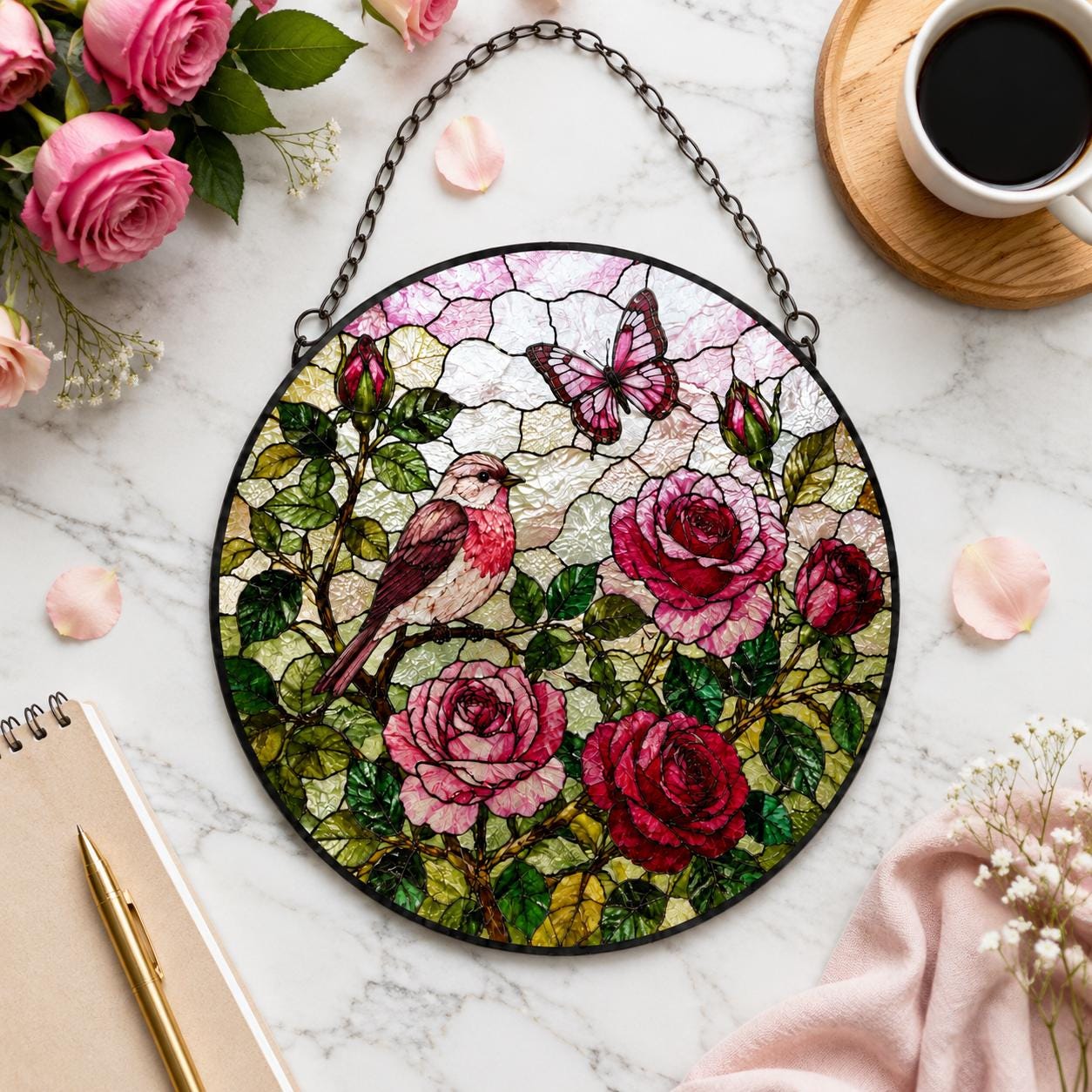 Rose Stained Glass Suncatcher, Rose Window Hanging, Pink and Red Rose Flower Garden Decor, Mother's Day Gift, June Birthday Gift
