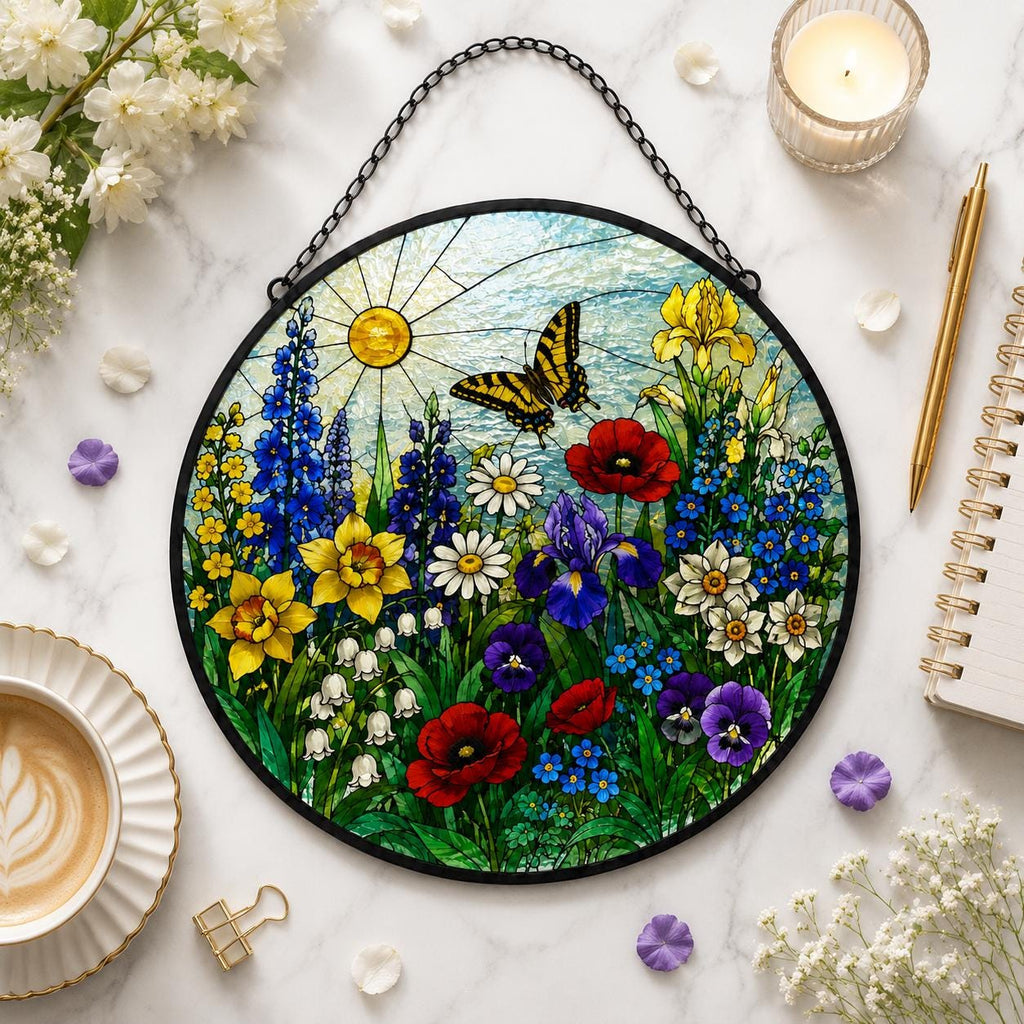 Stained Glass Floral Meadow Suncatcher, Rainbow Garden Window Hanging, Wildflower Glass Art, Gift for Mom and Grandma, Botanical Home Decor