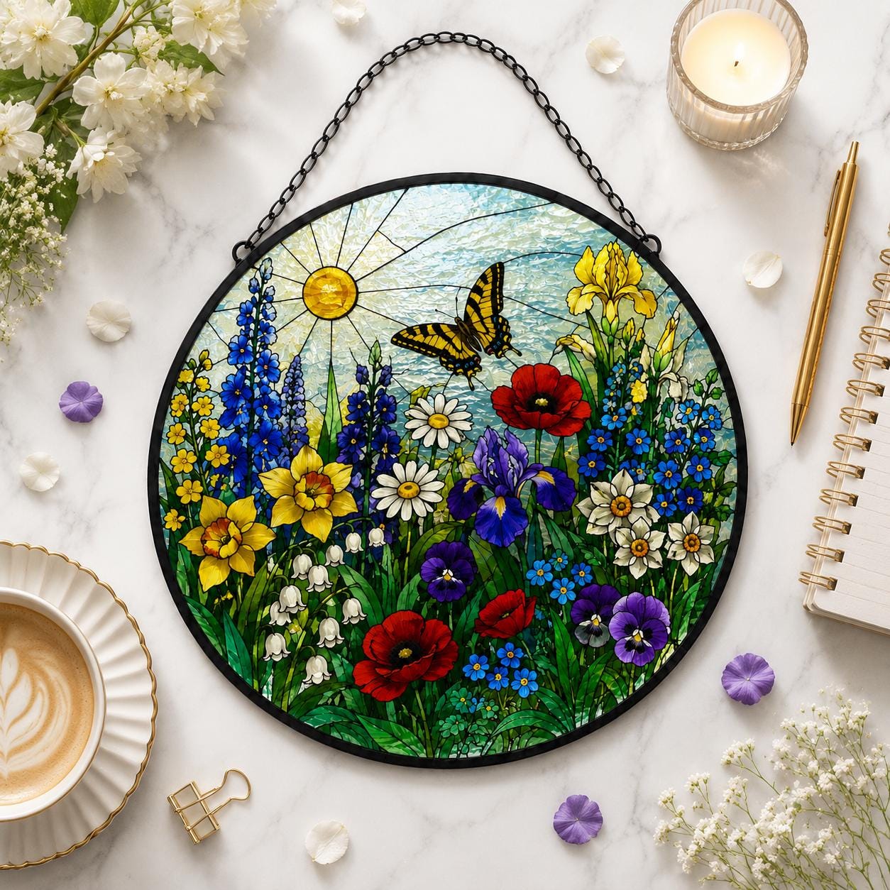 Stained Glass Floral Meadow Suncatcher, Rainbow Garden Window Hanging, Wildflower Glass Art, Gift for Mom and Grandma, Botanical Home Decor