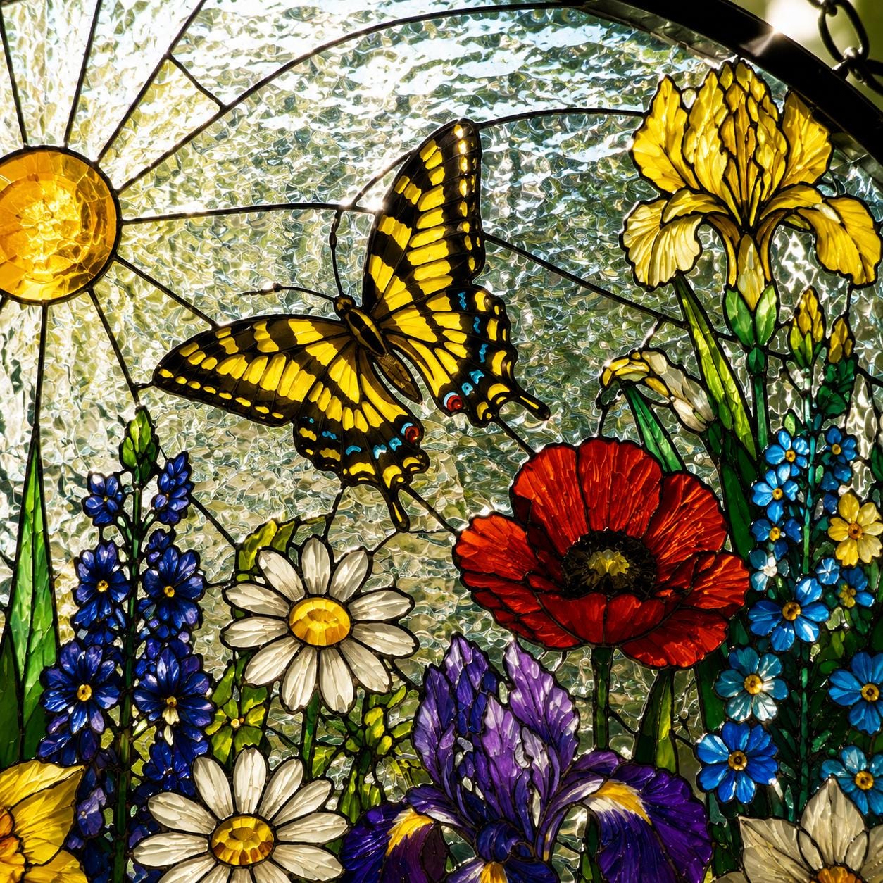 Stained Glass Floral Meadow Suncatcher, Rainbow Garden Window Hanging, Wildflower Glass Art, Gift for Mom and Grandma, Botanical Home Decor