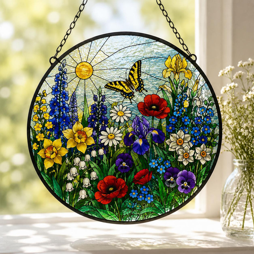 Stained Glass Floral Meadow Suncatcher, Rainbow Garden Window Hanging, Wildflower Glass Art, Gift for Mom and Grandma, Botanical Home Decor