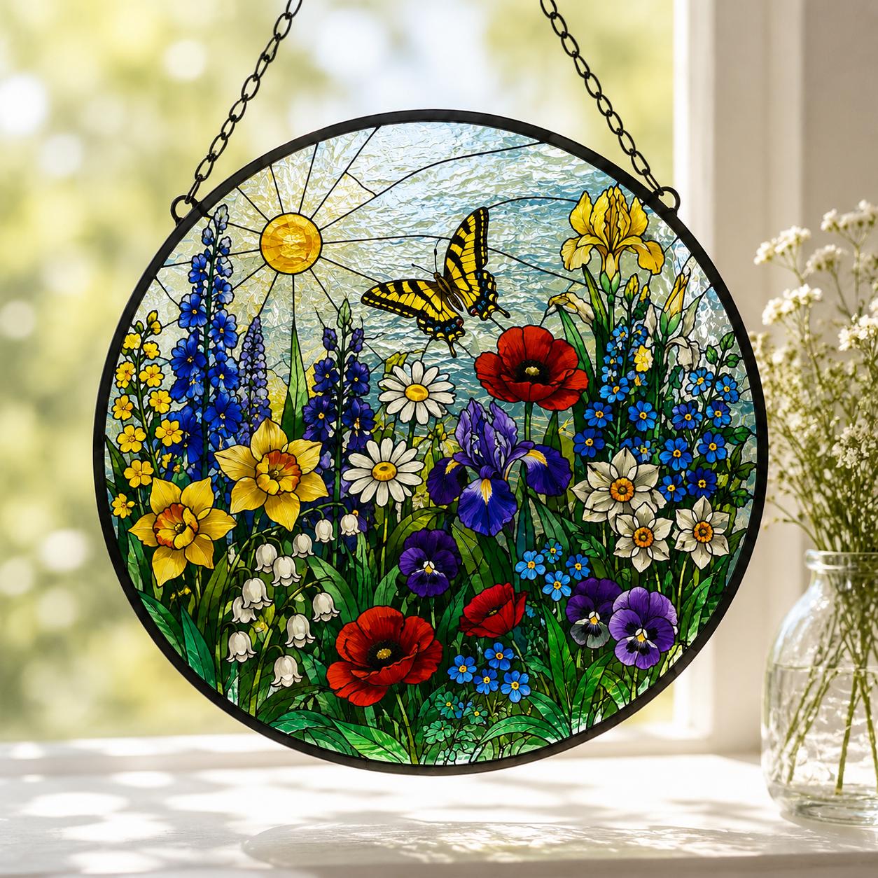 Stained Glass Floral Meadow Suncatcher, Rainbow Garden Window Hanging, Wildflower Glass Art, Gift for Mom and Grandma, Botanical Home Decor