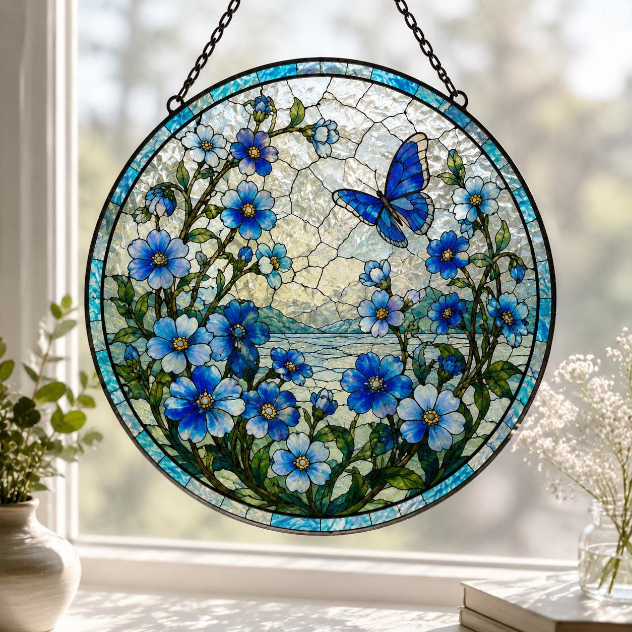 Forget Me Not and Butterfly Glass Suncatcher, Flower Hanging Decor, Floral Lover Sun Catcher, Present For Mom, Grandma, Sympathy Gifts