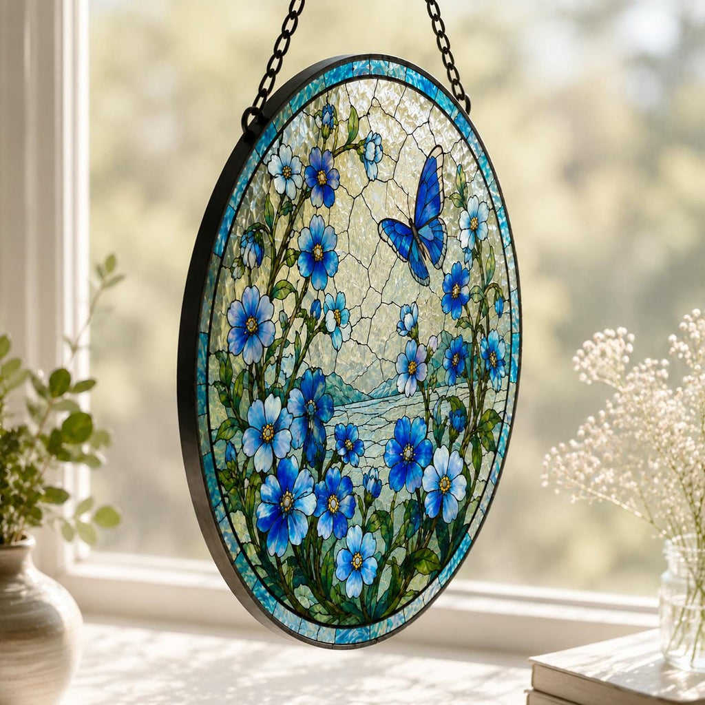 Forget Me Not and Butterfly Glass Suncatcher, Flower Hanging Decor, Floral Lover Sun Catcher, Present For Mom, Grandma, Sympathy Gifts