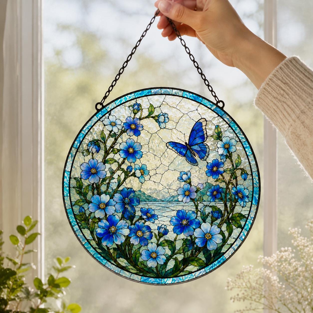 Forget Me Not and Butterfly Glass Suncatcher, Flower Hanging Decor, Floral Lover Sun Catcher, Present For Mom, Grandma, Sympathy Gifts