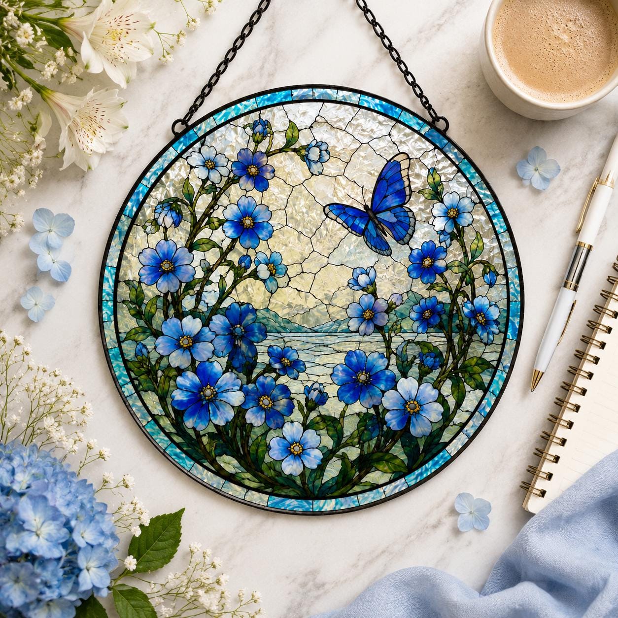 Forget Me Not and Butterfly Glass Suncatcher, Flower Hanging Decor, Floral Lover Sun Catcher, Present For Mom, Grandma, Sympathy Gifts