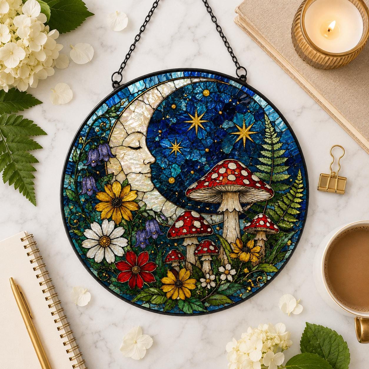 Mushroom Suncatcher, Stained Glass Mushrooms Cottagecore Home Decor, Fly Mushroom Moon Window Hanging Art, Birthday Gift For Her Mom Grandma