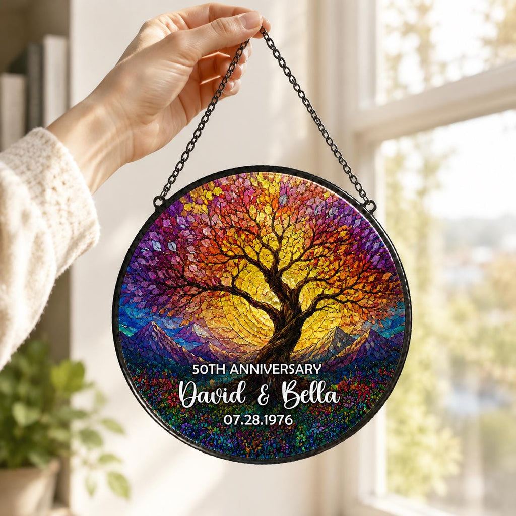 Personalized Tree of Life Anniversary Suncatcher With Name & Date, Custom 50th Wedding Anniversary Stained Glass Gift For Parents