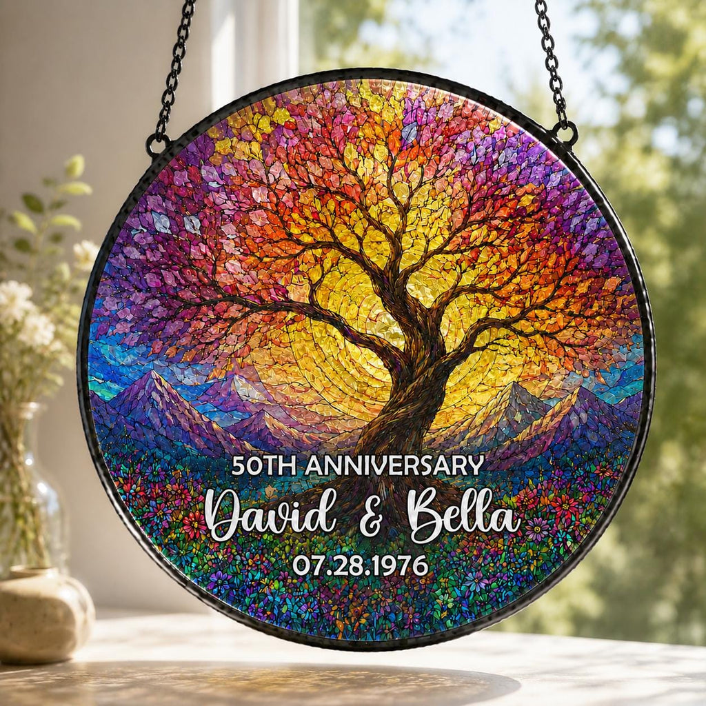 Personalized Tree of Life Anniversary Suncatcher With Name & Date, Custom 50th Wedding Anniversary Stained Glass Gift For Parents