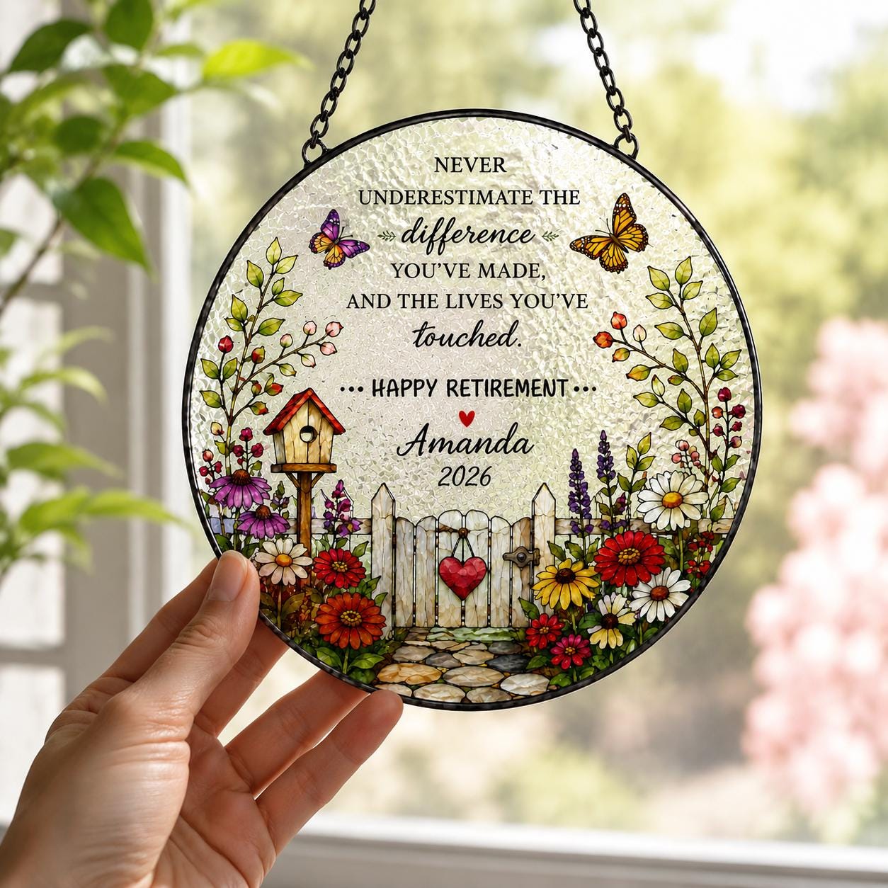 Retirement Stained Glass Suncatcher, Personalized Floral Retirement Window Decor, Colleague Retirement Keepsake, Coworker Gift, Grandma Gift