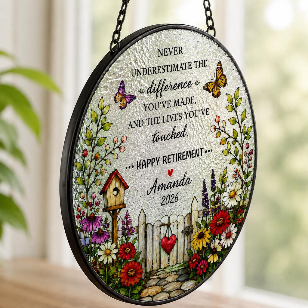 Retirement Stained Glass Suncatcher, Personalized Floral Retirement Window Decor, Colleague Retirement Keepsake, Coworker Gift, Grandma Gift