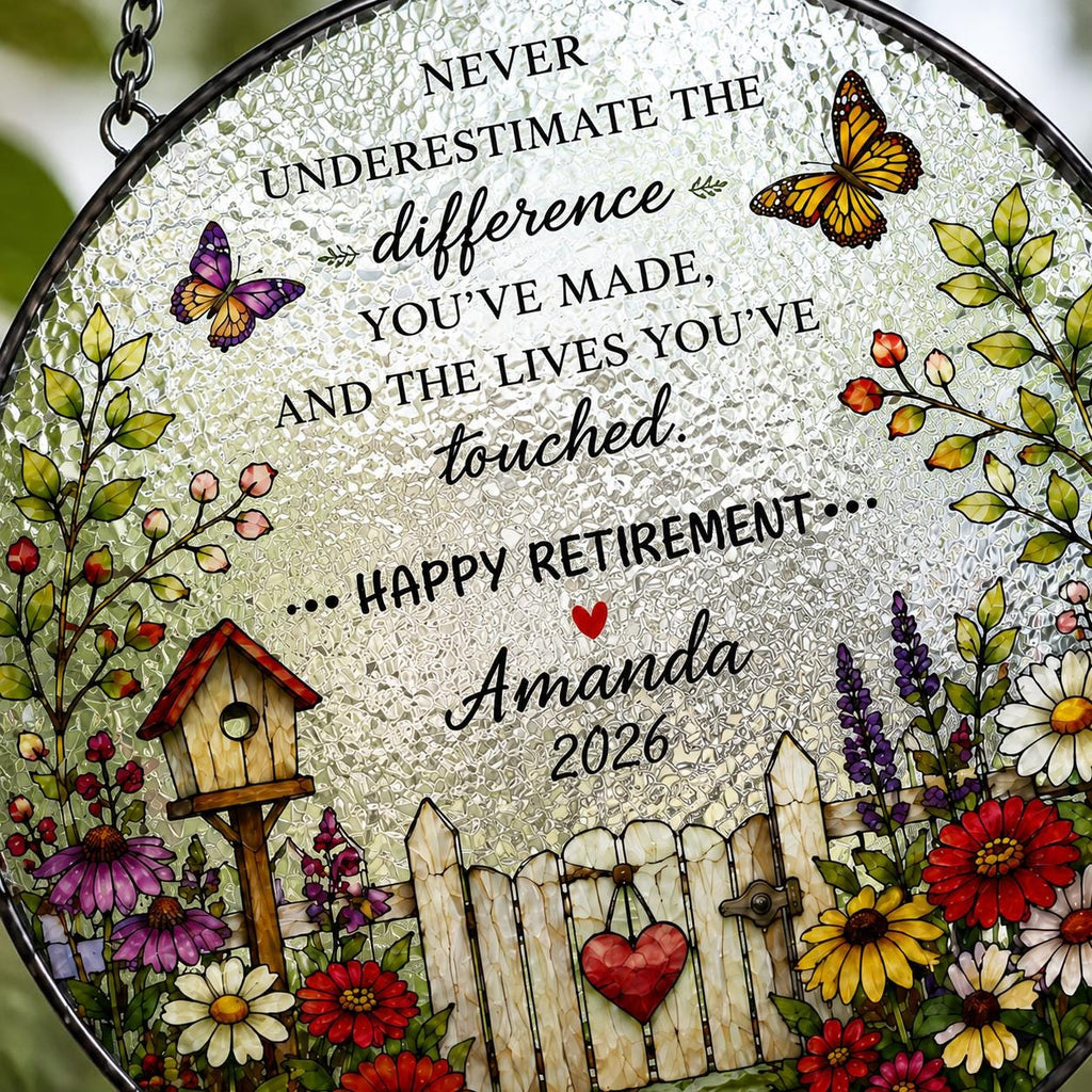 Retirement Stained Glass Suncatcher, Personalized Floral Retirement Window Decor, Colleague Retirement Keepsake, Coworker Gift, Grandma Gift