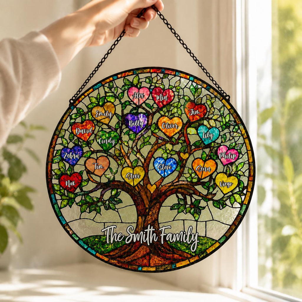 Family Unbreakable Bond Tree Of Life Personalized Stained Glass Window Hanging Suncatcher, Mother's Day Gift, Birth Flower Gifts