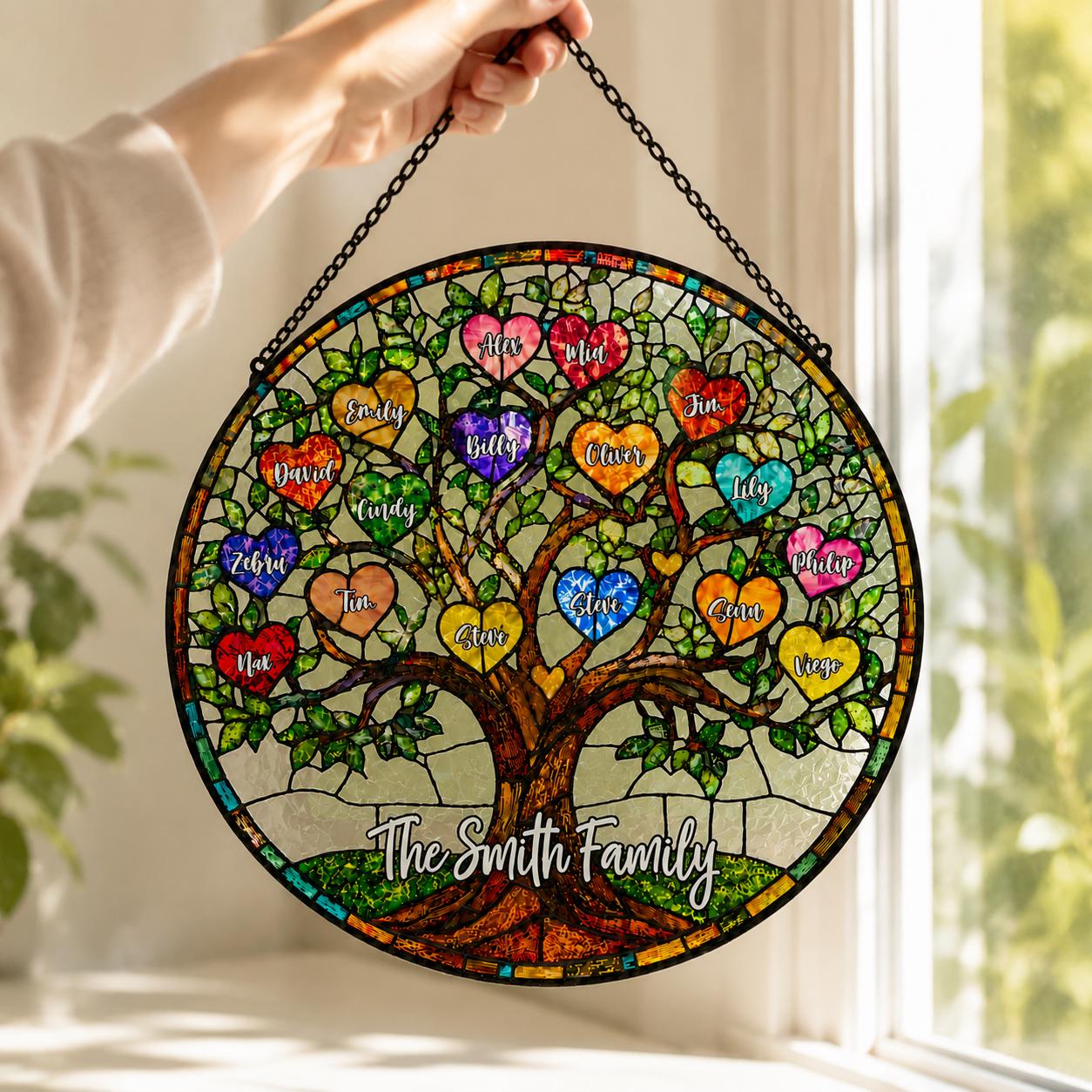 Family Unbreakable Bond Tree Of Life Personalized Stained Glass Window Hanging Suncatcher, Mother's Day Gift, Birth Flower Gifts