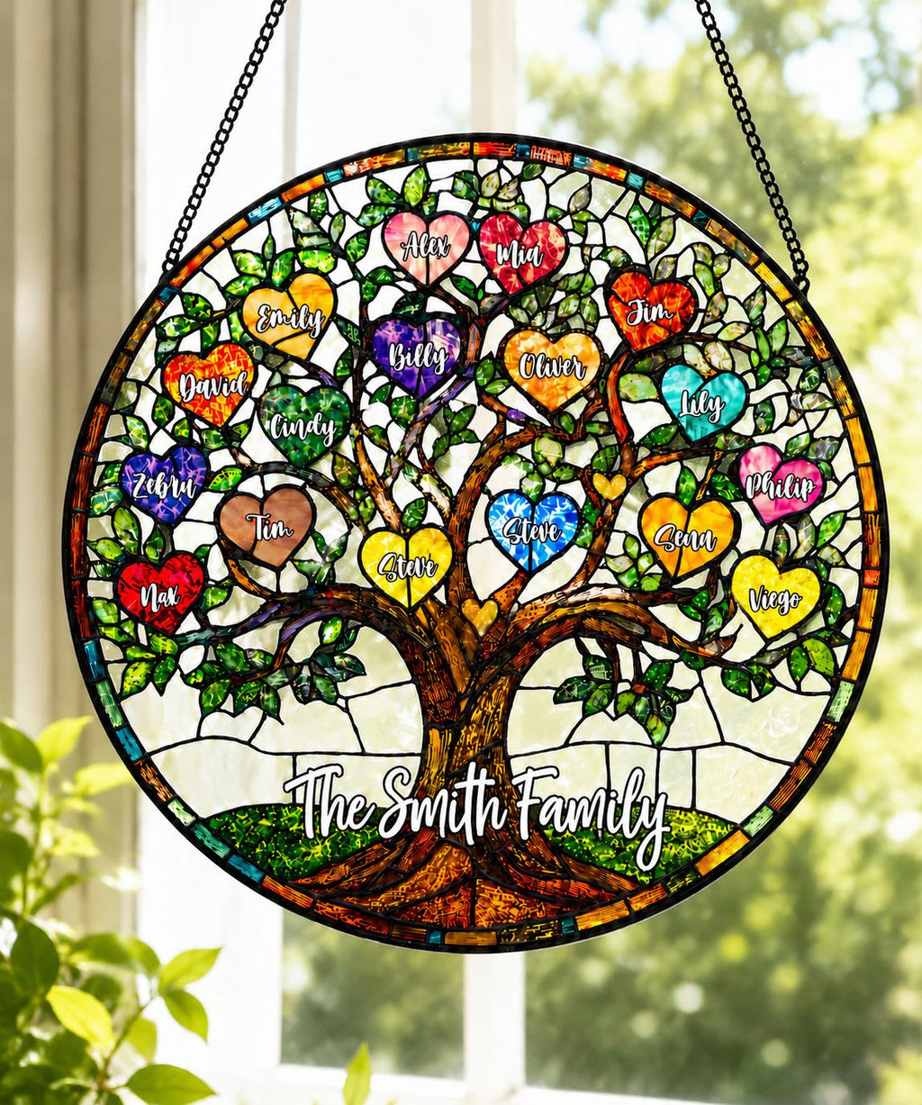 Family Unbreakable Bond Tree Of Life Personalized Stained Glass Window Hanging Suncatcher, Mother's Day Gift, Birth Flower Gifts
